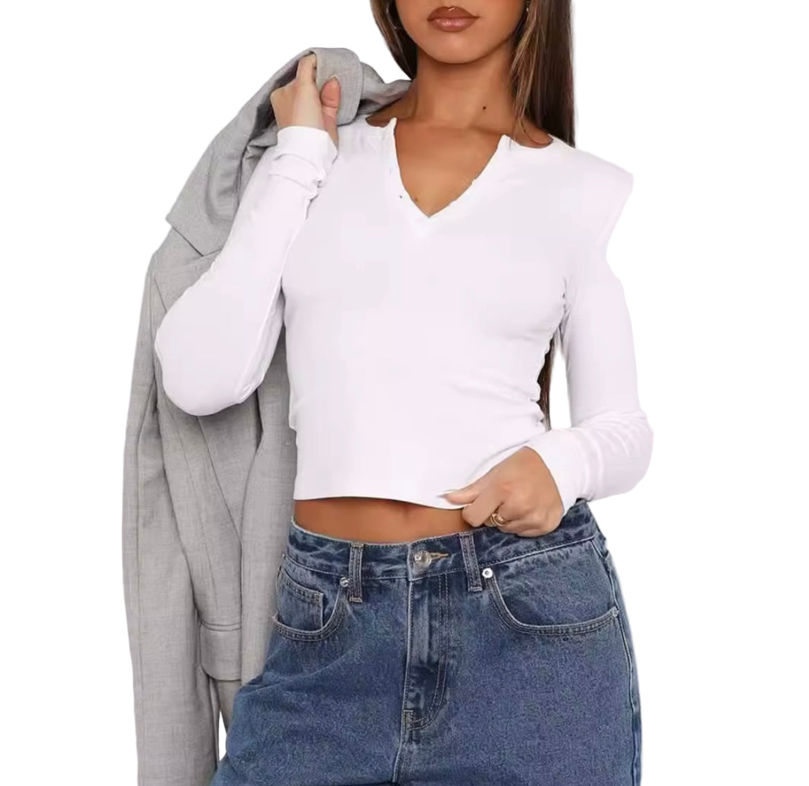 Button-Front Fitted Long Sleeve Top