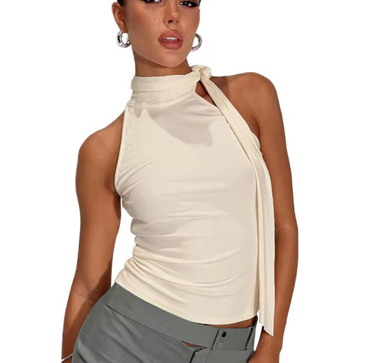 Asymmetric Tie Neck Halter Top