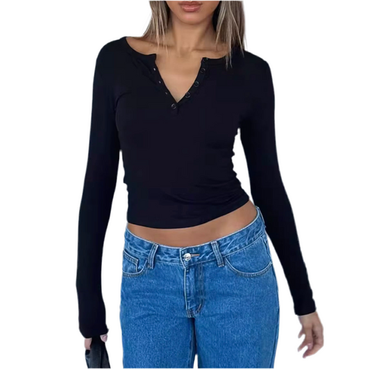 Button-Front Fitted Long Sleeve Top