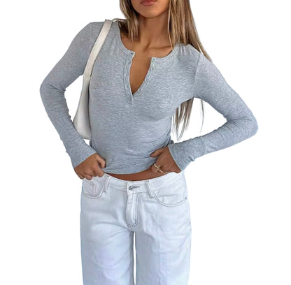 Button-Front Fitted Long Sleeve Top