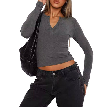 Button-Front Fitted Long Sleeve Top